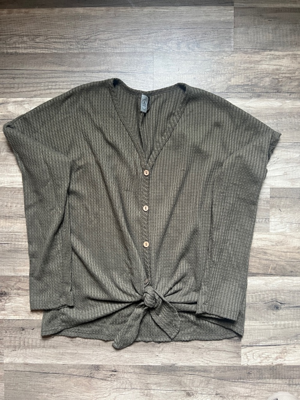 Paper Crane Olive Waffle Knit Button Tie Top